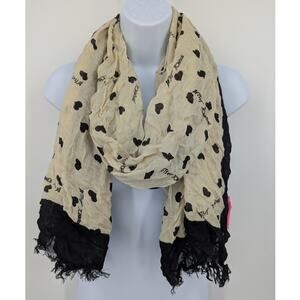 Betsey Johnson Heart Print Black & Cream Lightweight Scarf Wrap Indie Chic Y2K